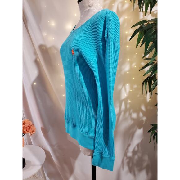 Polo Ralph Lauren Waffle Knit Thermal Boatneck Pullover Womens Size L Turquoise - Picture 3 of 9